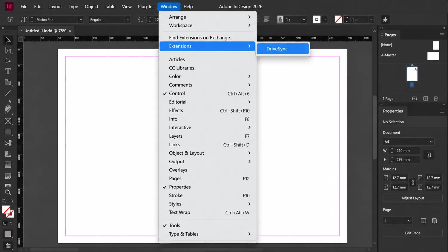 The InDesign Window menu open at Extensions, with DriveSync listed.