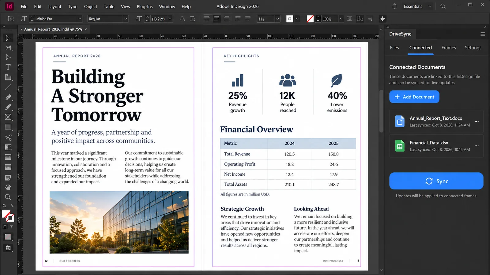 Adobe InDesign showing an annual report spread, with the DriveSync panel docked on the right listing two connected documents and a Sync button.